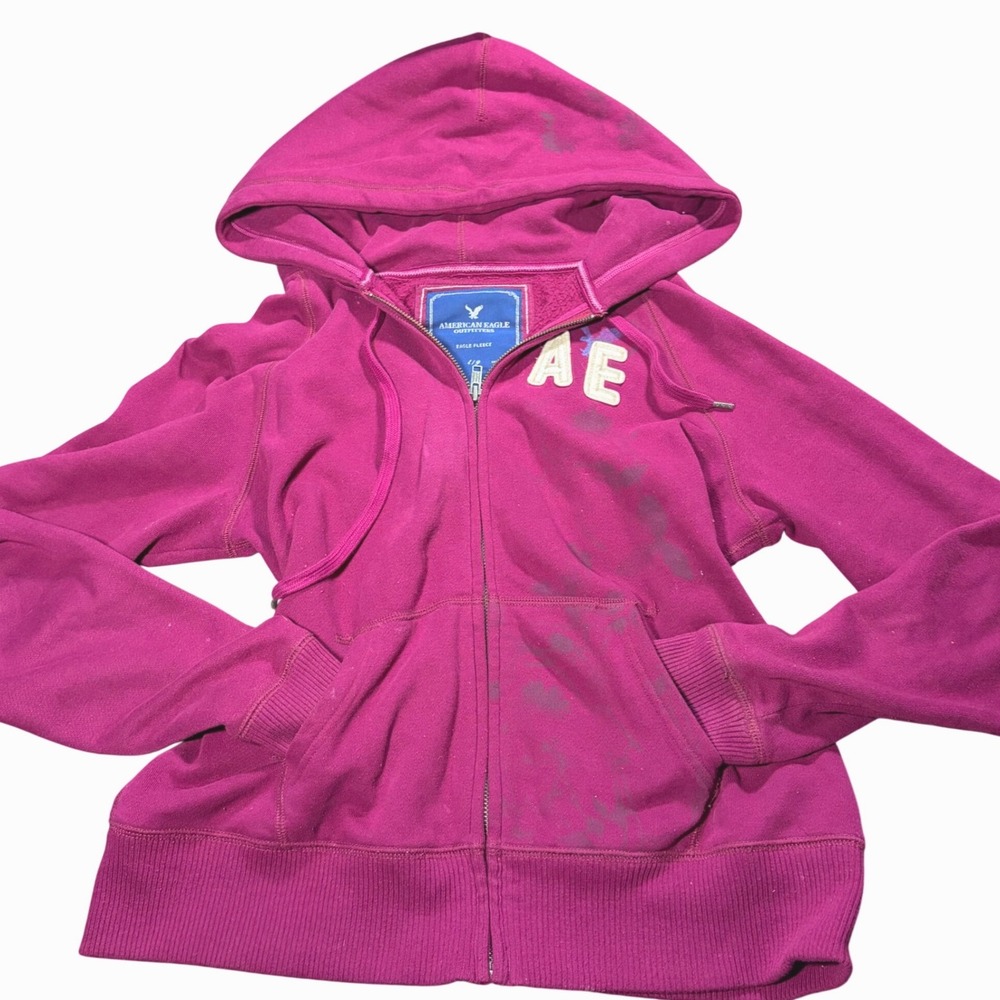 Y2K American Eagle Outfitters Womens Eagle Fleece Zip Up Hoodie Magenta Pink L/G
